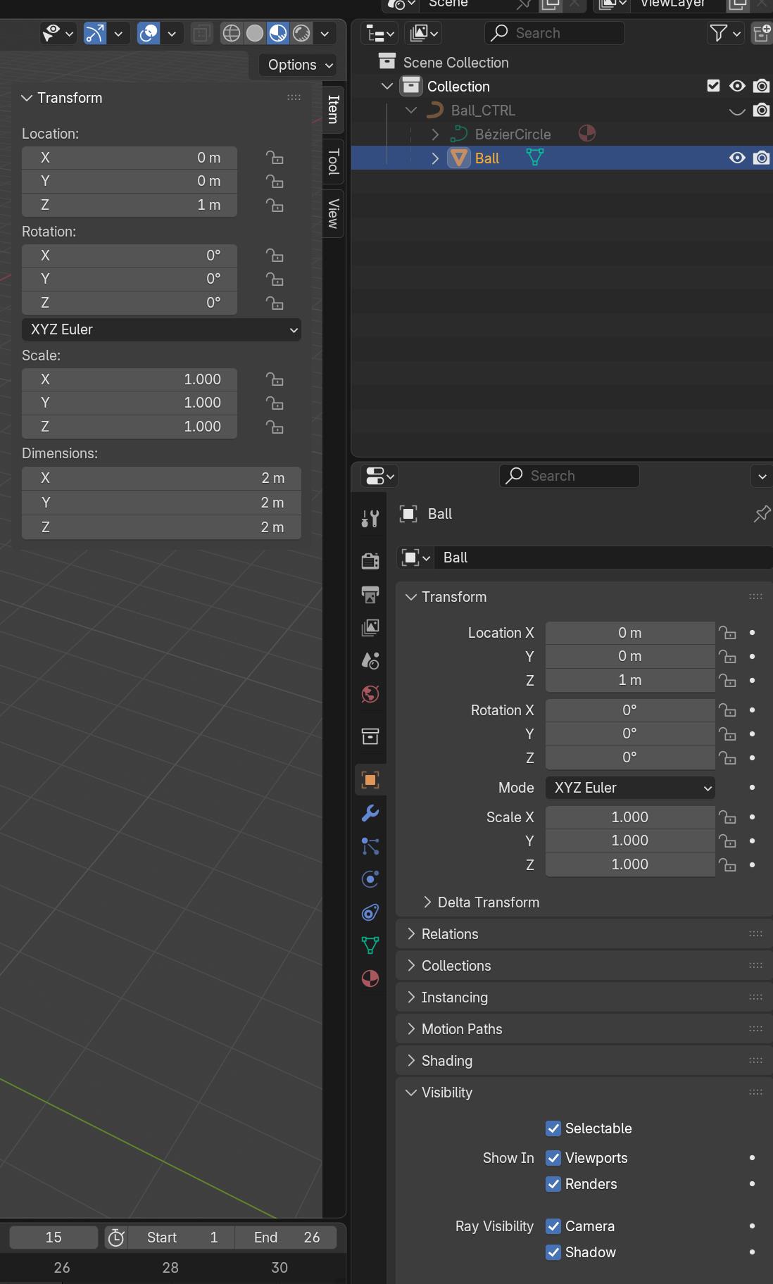 Tall crop of the Blender viewport: Transform panel (Location X 0m / Y 0m / Z 1m, Rotation 0°, Scale 1.000, Dimensions 2m), an Outliner and the full properties editor