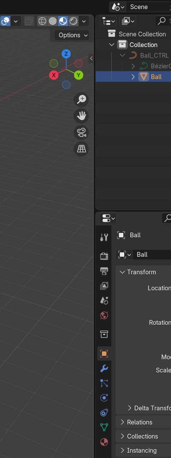 Tall narrow crop: the navigation gizmo top left, side toolbar icons, an Outliner with the ball selected and partial Transform properties