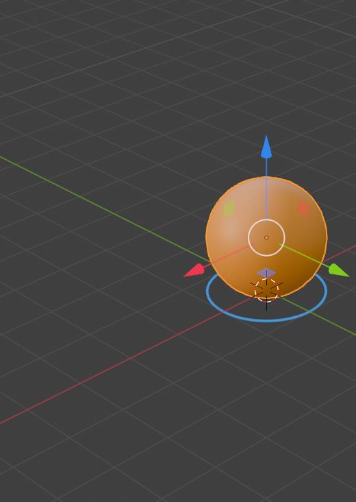An orange ball with a transform gizmo (blue Z arrow, red and green arrows, white circle) and a selection ring on a grey grid