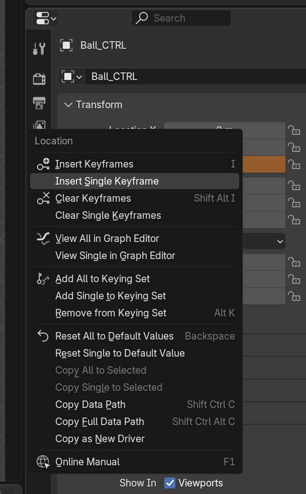 Keyframe context menu from right-clicking a property: Location header, Insert Keyframes (I), Insert Single Keyframe (highlighted), Clear Keyframes (Shift Alt I), keying set and copy options