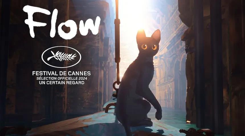 Still from the film Flow: a grey cat with glowing orange eyes sits in a wooden boat in a flooded ruined city, backlit by the sun, with a hand-lettered Flow title and a Festival de Cannes 2024 Un Certain Regard laurel