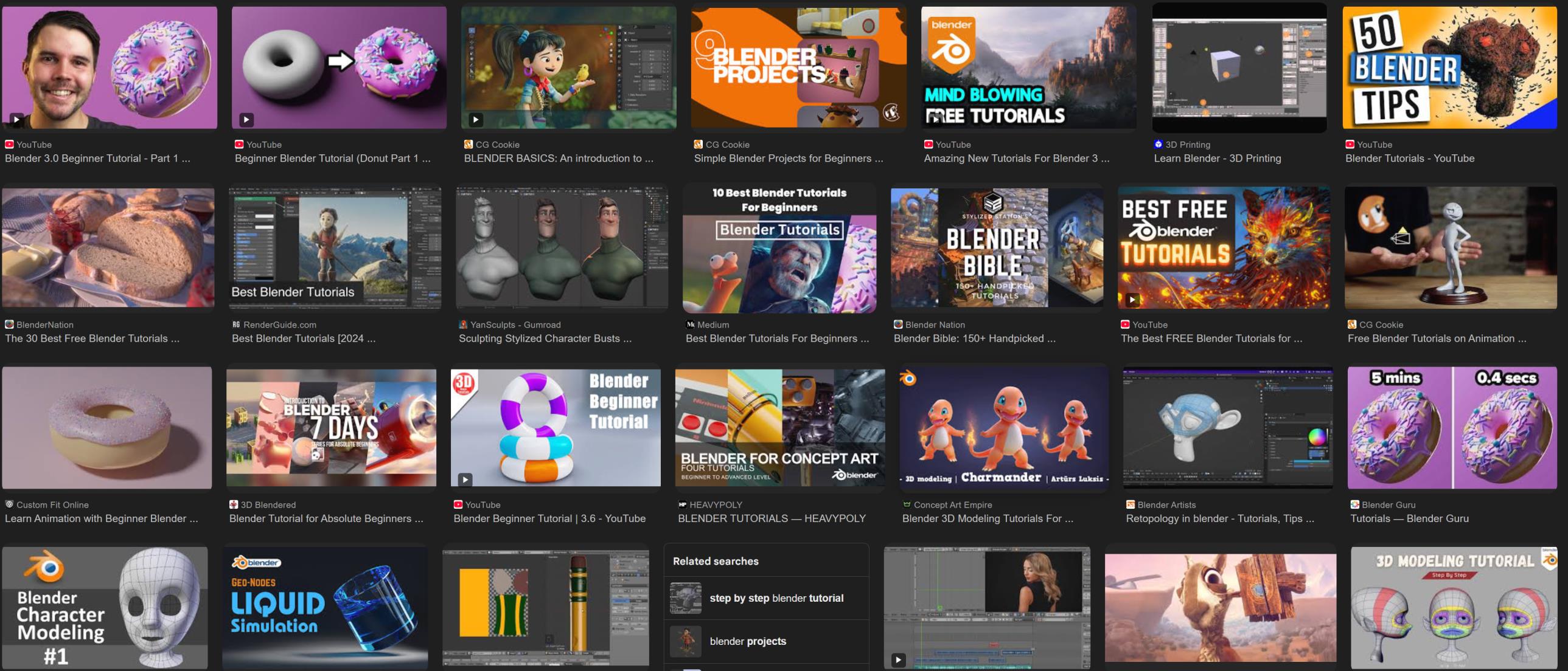 Dark-themed YouTube search results grid showing Blender tutorial thumbnails, including donut tutorials from CG Cookie, Blender Guru and Blender Bible