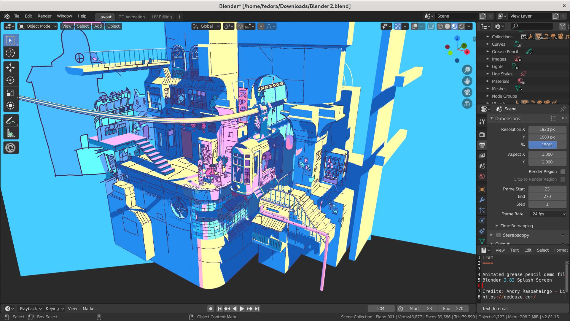 Blender 2.82 window: viewport showing a colourful flat-shaded animation scene of buildings, a tram and cats, an Outliner on the right and a console at the bottom