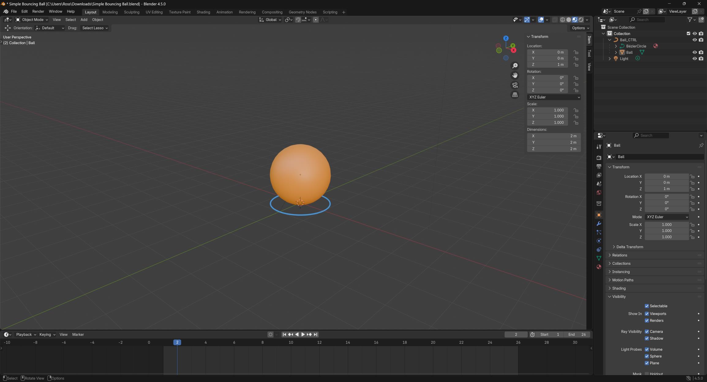 Blender 4.5.0 window with Simple Bouncing Ball.blend open: an orange ball selected in a grey viewport, a Transform floating panel, an Outliner, a properties editor and a timeline at the bottom