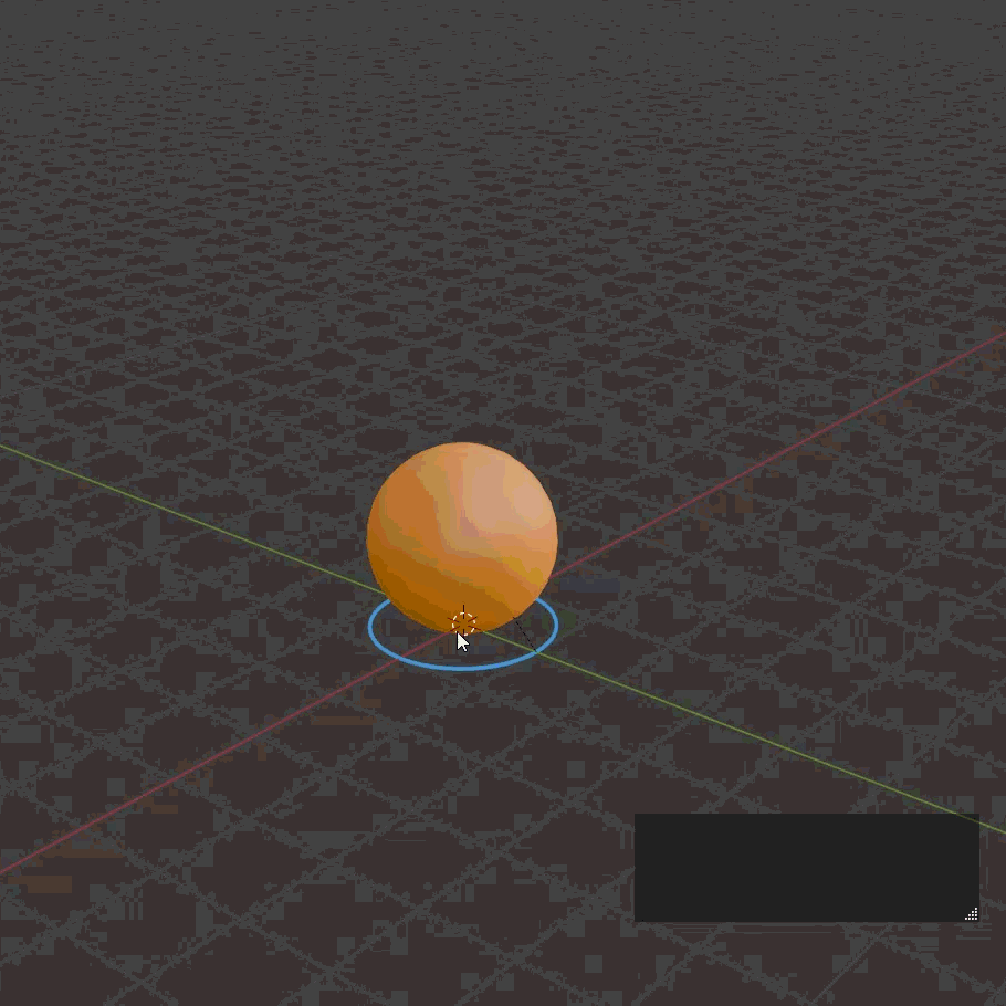 Dark viewport: an orange ball with a blue selection ring and a mouse cursor over it, red and green axis lines crossing behind