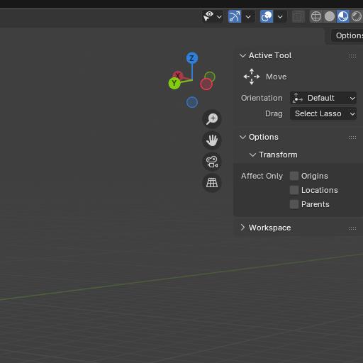 Viewport crop: the navigation gizmo top right (Z blue up, X red, Y green) beside Active Tool: Move, Options, Transform and Workspace side panels