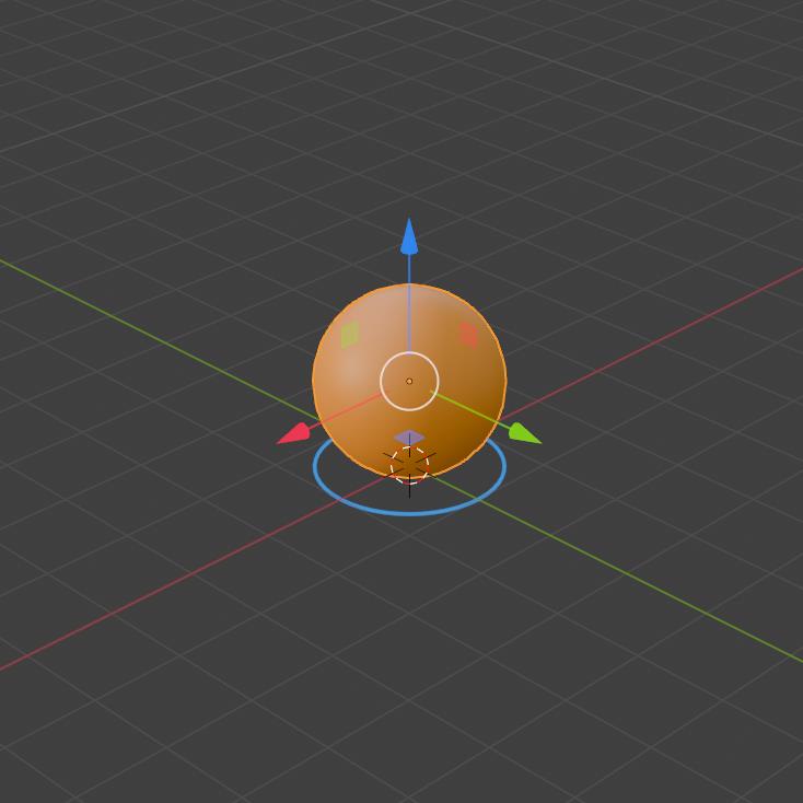 An orange ball with a transform gizmo on a grey grid floor: blue Z arrow up, red X and green Y arrows, white circle at the centre