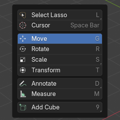 Dark Shift+Spacebar context menu: Select Lasso (L), Cursor (Space Bar), Move (G, highlighted), Rotate (R), Scale (S), Transform (T), Annotate (D), Measure (M), Add Cube (9)