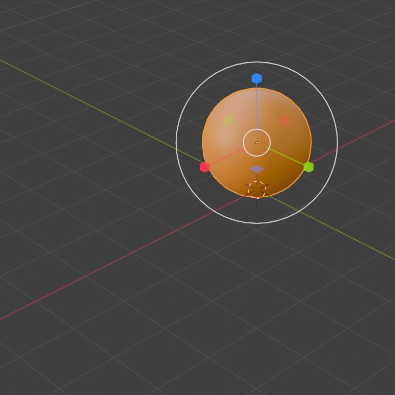 An orange ball with a transform gizmo emphasising the large white scale circle around it; blue Z cube, red X and green Y hexagons, purple centre square