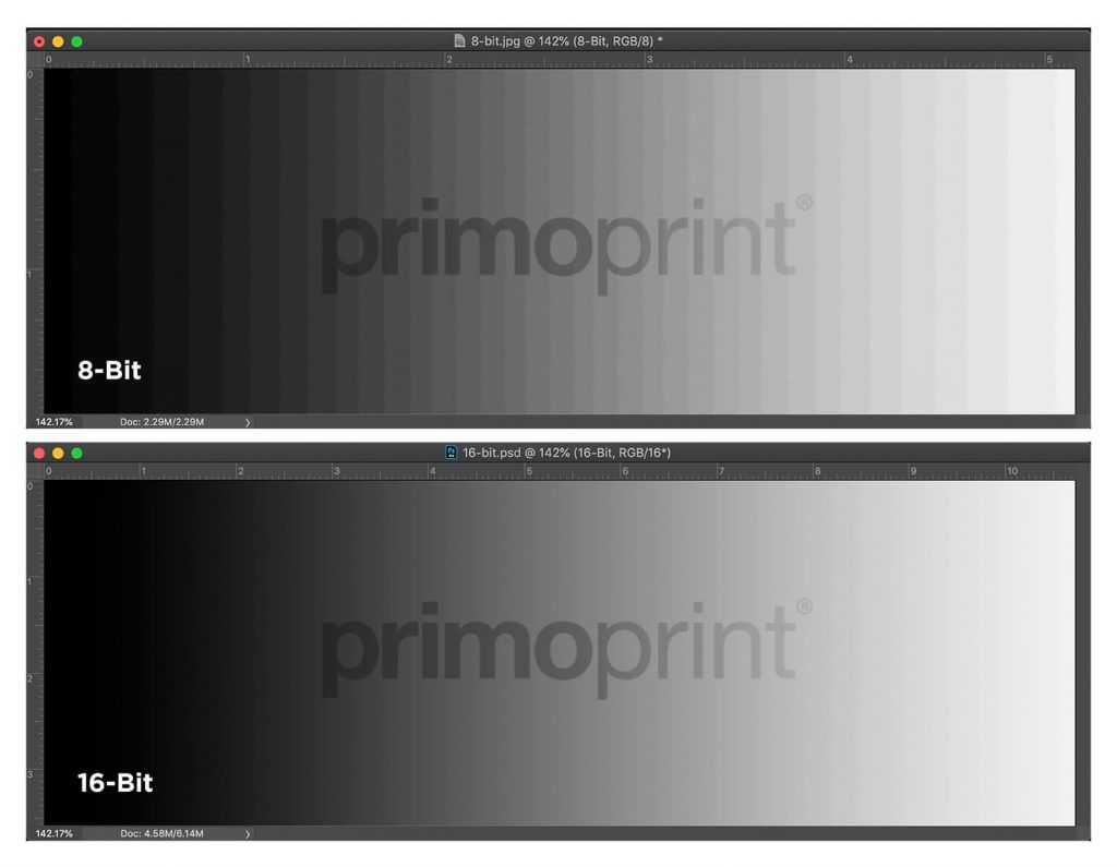 Two stacked image-editor windows showing a black-to-white gradient with the word 'primoprint' over it; the top window, titled '8-bit.jpg' (8-Bit, RGB/8), is labelled '8-Bit' and shows visible vertical banding, while the bottom window, titled '16-bit.psd' (16-Bit, RGB/16), is labelled '16-Bit' and shows a smooth gradient