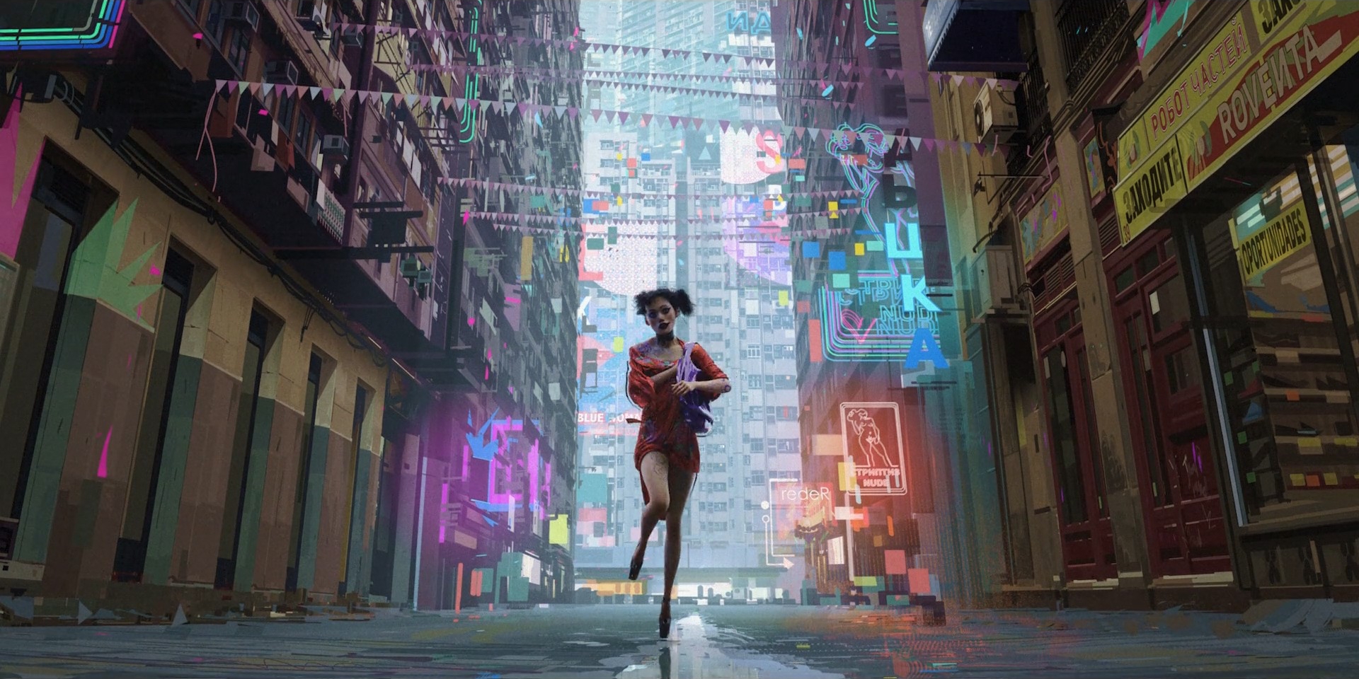 An animated girl in red runs down a narrow, colourful city alley toward tall towers in the distance